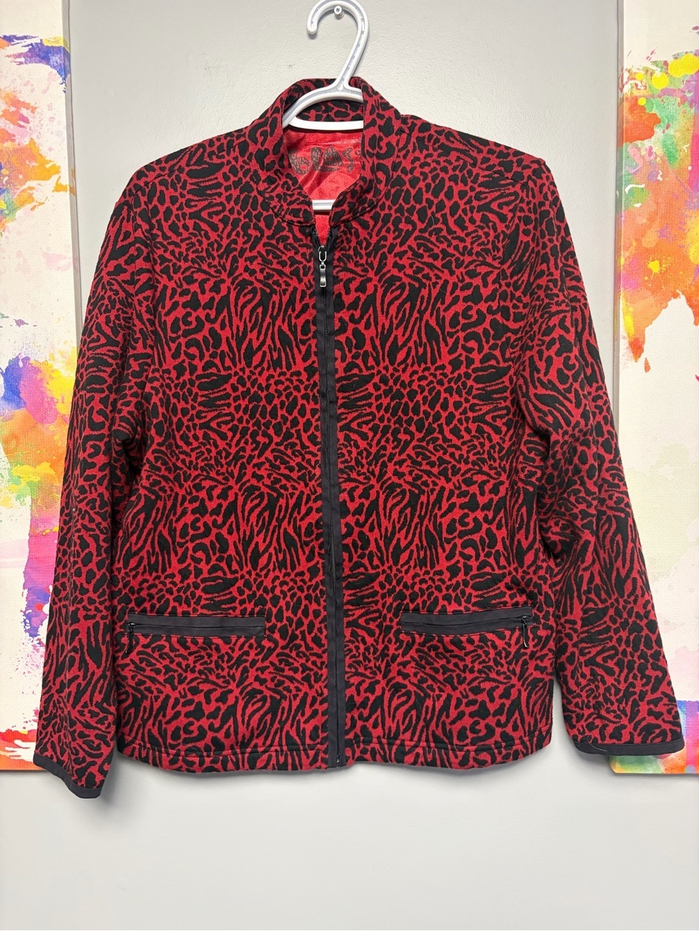 Bold Red and Black Animal Print Bomber Jacket**please see picture for sizing!